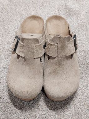Papillio Beige Suede Slip-On Clogs with Adjustable Buckle